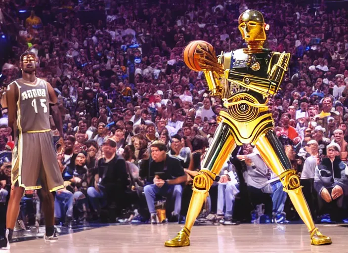 Image similar to ESPN still of C-3PO playing in the nba playoffs live on espn, 4k