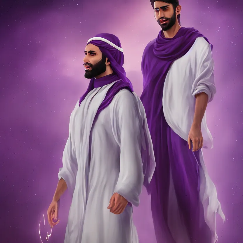 Image similar to Arabic male young adult with long beard and purple glimmering robes, hyperrealistic white lighting, treanding on artstationhq