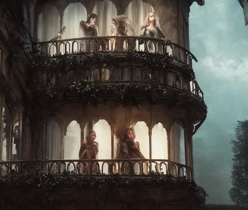 Image similar to the balcony scene from Romeo and Juliet as a dark fantasy, gothic romance, Nicholas Hoult as Romeo, and Elle Fanning as Juleit gloomy and foggy atmosphere, octane render, artstation trending, horror scene, highly detailded