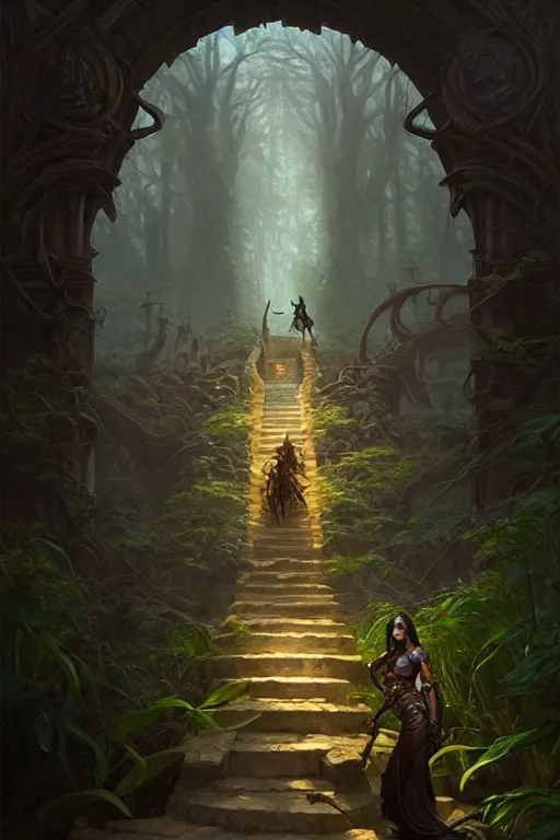 Image similar to deadly path to the crocodile god lair, menacing statues, deep focus, d & d, fantasy, intricate, elegant, highly detailed, digital painting, artstation, concept art, matte, sharp focus, illustration, hearthstone, art by artgerm and greg rutkowski and alphonse mucha