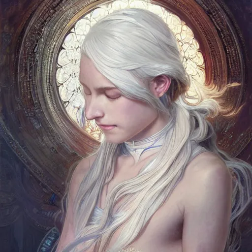 Image similar to god, white hair, long hair, hands spread out in prayer, intricate, elegant, ethereal, highly detailed, digital painting, artstation, concept art, smooth, sharp focus, illustration, art by artgerm and greg rutkowski and alphonse mucha