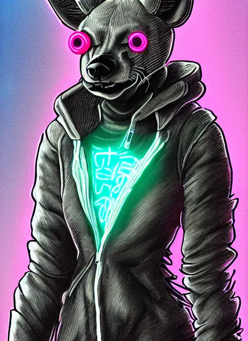 Image similar to digital drawing of anthromorphic hyena female drawn in cell shaded, fursona, furry fandom, neon rainy cyberpunk setting, anthro, wearing cyberpunk 2 0 7 7 jacket, detailed face,