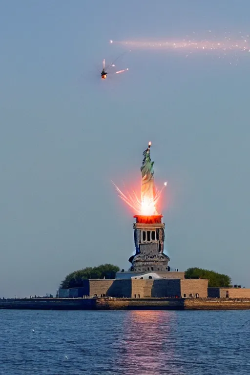 Prompt: disaster photography, airship hits the statue of liberty, full color, explosion, 8k, hd, high resolution