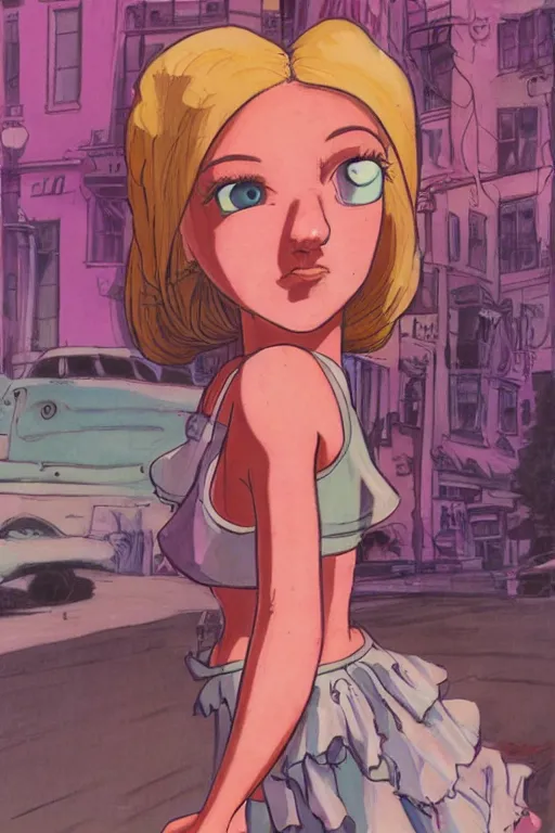 Prompt: portrait of an attractive young female protagonist, center focus, ponytail, skirt, tank - top, in city street, detailed face, artwork by ralph bakshi