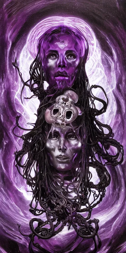 Prompt: intense glowing black metal pagan god with tentacles and intense black eyes with a skull in very dark purple cosmic space nebula by karol bak and alphonse mucha and artgerm, portrait, fantasy, clear, light beams, lens flare, soft, uhd, amazing depth, cinematic lighting, violet and magenta and black and white and metallic silver