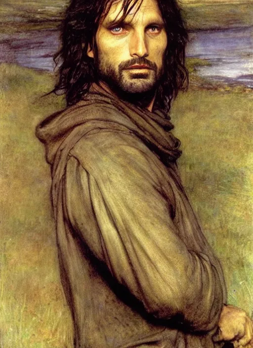 Prompt: a beautiful painting of aragorn by John Everett Millais and Dante Gabriel Rossetti and John Collier and john william waterhouse, pre-raphaelite, detailed, trending on artstation, hd, masterpiece