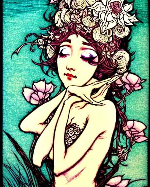 Image similar to burlesque elf, flowers in hair, fantasy character portrait, soft clouds, floral sunset, ultra realistic, concept art, intricate details, art nouveau, japanese woodblock, cinematic, highly detailed by arthur rackham