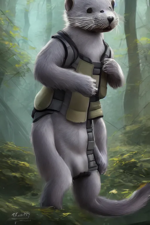 Image similar to a cute male gray otter fursona wearing tight stylish futuristic clothes in the dreamy forest, fantasy, 8 k resolution, hyper detailed, d & d, character design, digital painting, trending on artstation, sharp focus, illustration, art by artgerm, steve zheng, fuji choko, viktoria gavrilenko, hoang lap