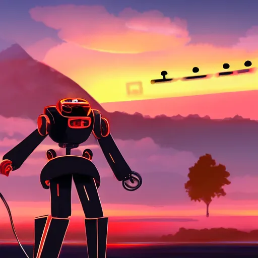 Image similar to anime Friedrich Nietzsche piloting a robot at sunset, moody, 8k