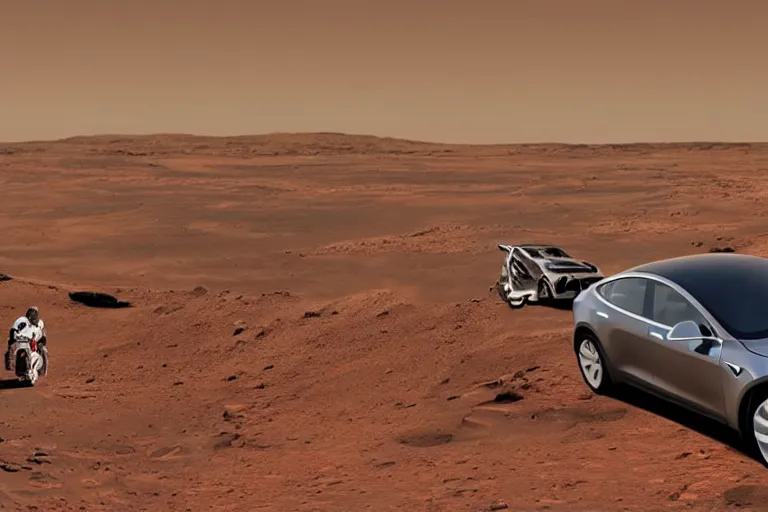Image similar to highly realistic photo of elon musk riding a tesla on mars