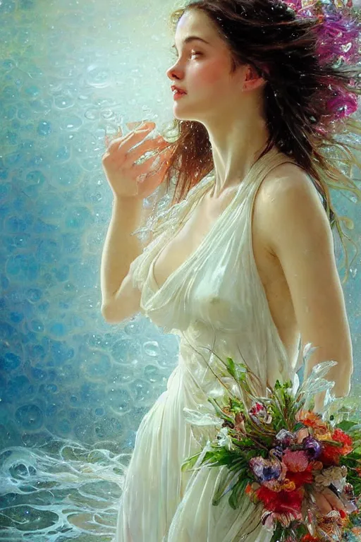 Image similar to portrait of a beautiful woman wearing a white dress, holding a bouquet of flowing flowers, drenched body, wet dripping hair, emerging from the water, fantasy, regal, fractal crystal, fractal gems, by stanley artgerm lau, thomas kindkade, alphonse mucha, loish, norman rockwell