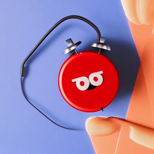 Image similar to Very tiny red alarm clock that looks like the iOS emoji and has the same colors, 3D clay render, 4k UHD, white background, isometric top down left view, diffuse lighting, zoomed out very far