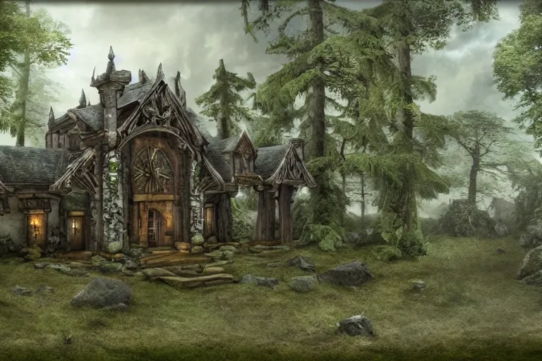 Image similar to photograph of a fantasy style woodland mansion with cogwheeled mechanic doors in an ancient forest