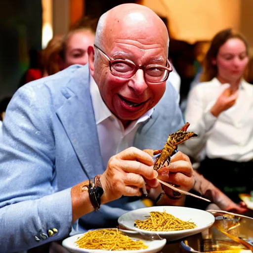 Prompt: klaus schwab eating very delicious fried grasshoppers and worms, served with pasta