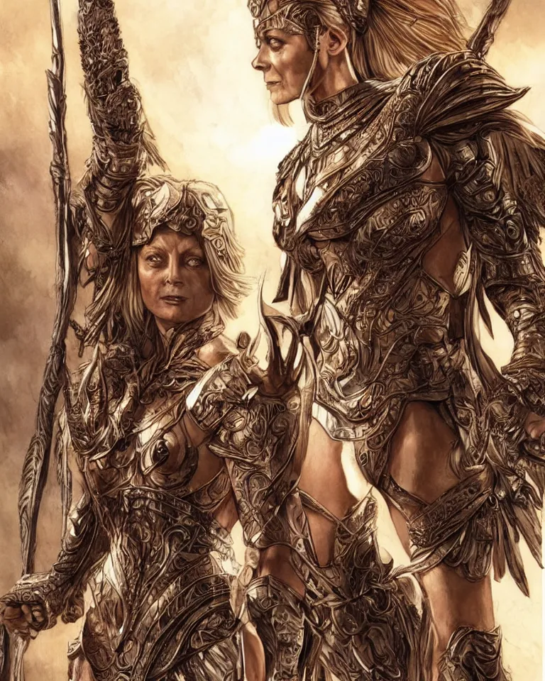 Prompt: jodie foster as an amazon warrior, tall and beautiful with brown skin and long hair, dressed in hellenistic body armor, intricate, elegant, highly detailed, smooth, sharp focus, detailed face, art by ardian syaf