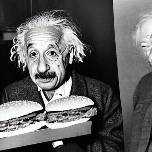 Prompt: albert einstein eating an impossible whopper from burger king