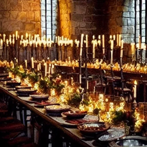 Image similar to feast for hundreds of people. candles, warm ambient light, hogwarts, beautiful, stone walls, hot food, delicious, steaming food on plates, gluttony