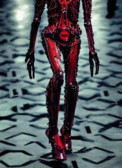 Image similar to walking down the catwalk, steven klein, show, stage, vogue photo, podium, fashion show photo, iris van herpen, beautiful woman, perfect body, full body shot, helmet on face, masterpiece, guyver, jellyfish, biomechanical details, movie still, fauvism, cinestill, bokeh, gelios lens