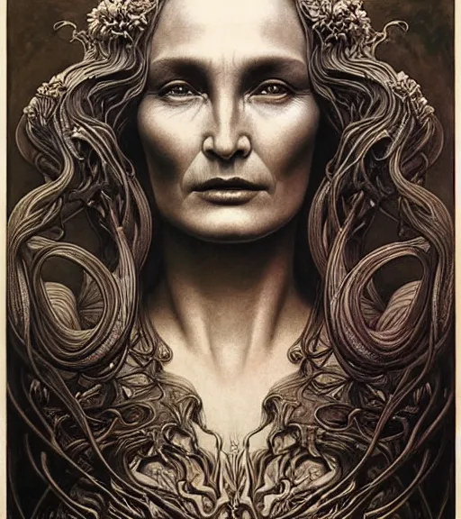 Image similar to detailed realistic beautiful young alien robot jessica lange as queen of mars face portrait by jean delville, gustave dore and marco mazzoni, art nouveau, symbolist, visionary, gothic, pre - raphaelite. horizontal symmetry by zdzisław beksinski, iris van herpen, raymond swanland and alphonse mucha. highly detailed, hyper - real, beautiful