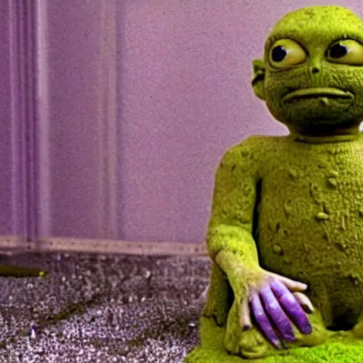 Image similar to a small weird childish alien as Mark Zuckerberg sitting in a room made of green slime and purple mold. Photograph from science fiction movie.