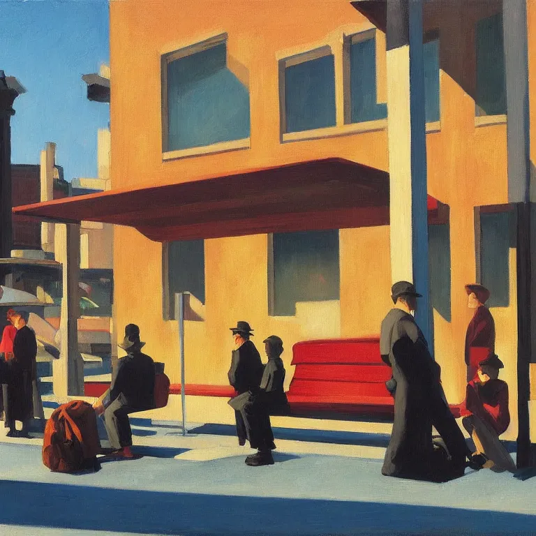 Image similar to a few people waiting at a bus stop in a quiet downtown, painted by Edward Hopper and James Gilleard, oil painting