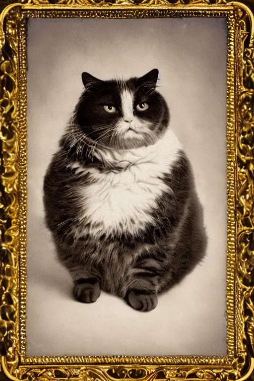 Image similar to a magnificent tintype portrait of a silly looking fluffy fat cat on an embroidered velvet cushion on a neo - rococo gilded little bed with precious stones, ball of yarn, by david lachapelle, photorealistic, photography, wide shot