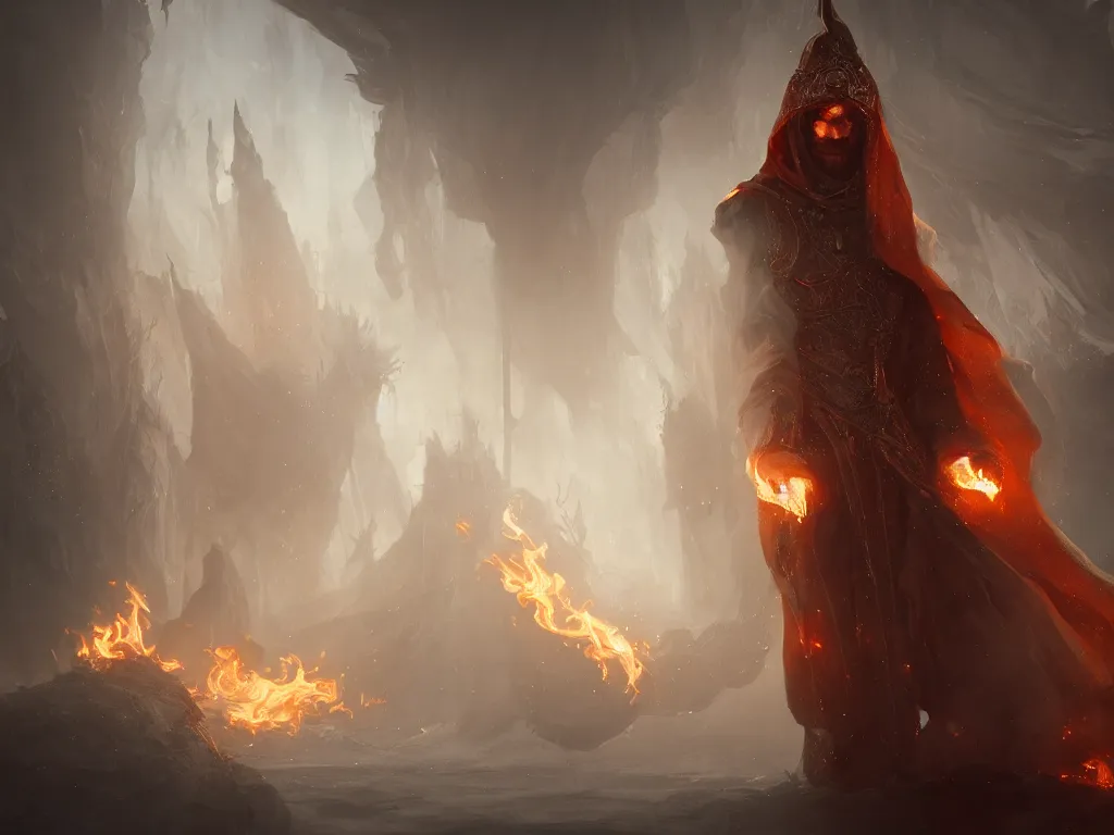 Image similar to a man in white cloak flies from flame , symmetry, intricate, highly detailed, artstation trending, ray tracing, cinematic, art by andrey surnov, concept art,