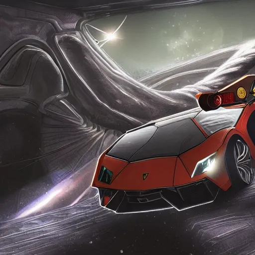 Image similar to harry potter driving a lamborghini in a space station on mars, highly detailed, digital art, trending on artstation