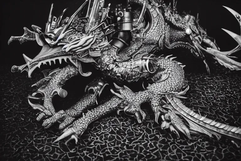 Image similar to photo of a dragon mechanical samurai taken with Leica M11 and NOCTILUX 50mm F4.0, Paradium Platinum printed on paper