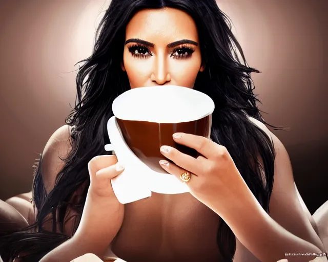 Image similar to Kim Kardashian inside a giant cup of coffee, cinematic, highly detailed, HD, 4K, professional image, professional lighting