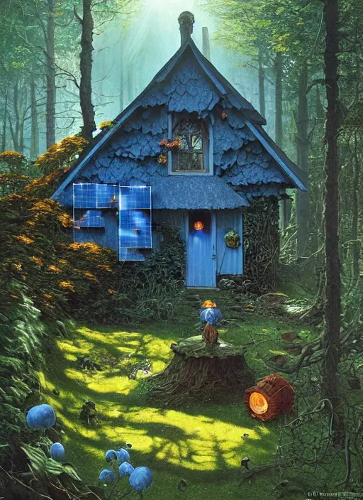 Image similar to hyper realistic witch cottage with solar panels with happy lighting and technology in the woods gorgeous lighting, sunbeams blue sky, lush forest foliage painting by zdzisław beksinski and norman rockwell and greg rutkowski weta studio, and lucasfilm