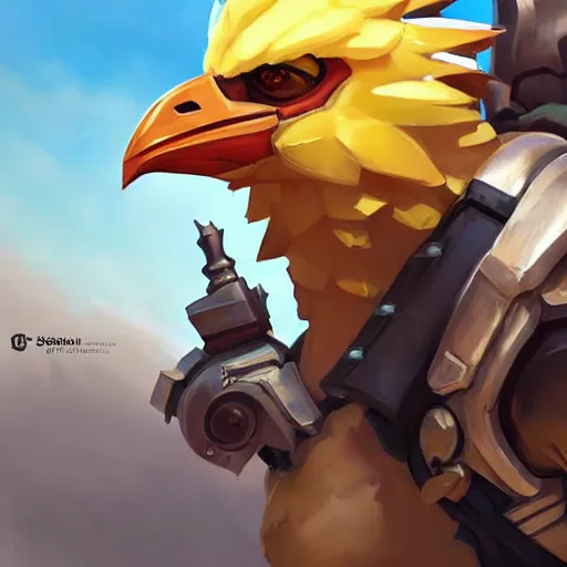 Image similar to greg manchess portrait painting of fully armored chocobo as overwatch character, medium shot, asymmetrical, profile picture, organic painting, sunny day, matte painting, bold shapes, hard edges, street art, trending on artstation, by huang guangjian and gil elvgren and sachin teng