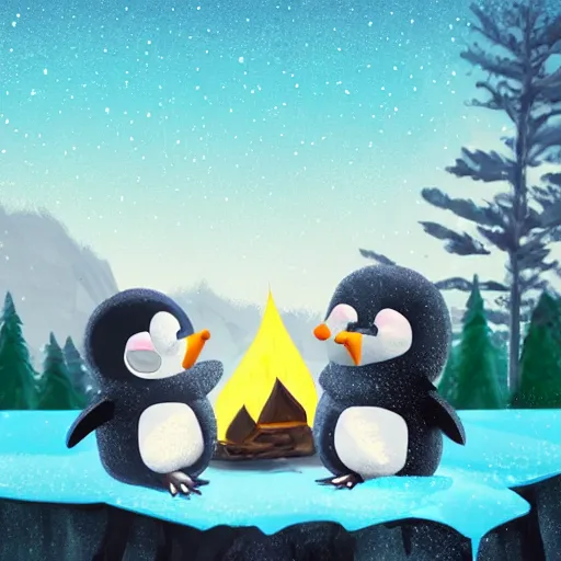 Prompt: two happy cute chibi penguins sitting around a campfire near a cave entrance to a mountain, there is a forest of trees in the background and a small frozen lake in the distance, trending on artstation, 3d digital artwork, cinematic lighting, 4K, very full detail, vector, amazing artwork, trending on Behance award-winning art, kawaii