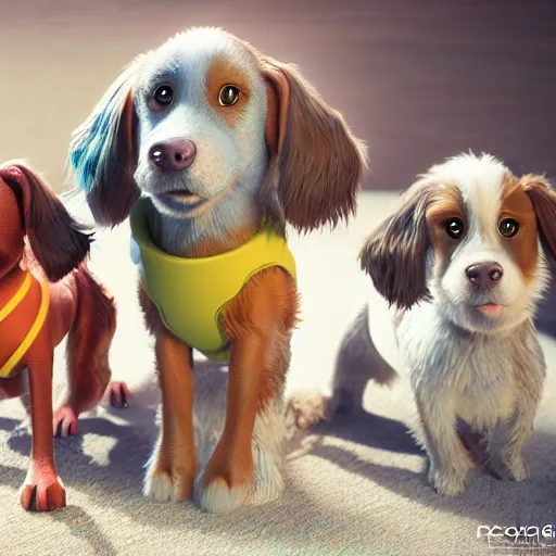 Image similar to cute dogs, 3 d render, illustrated, incredible details, highly detailed, colorful, photorealistic, disney pixar, octane render, iridescent, anime, 8 k