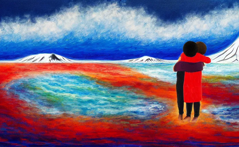 Image similar to two children hugging in the far distance as a giant tsunami approaches, sad, doomsday, end of the world, abstract art, oil painting