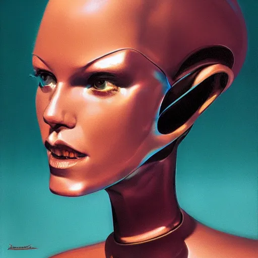 Image similar to female robot, facial portrait, by syd mead , airbrush, science fantasy