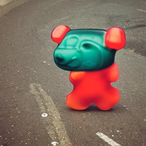 Image similar to A scary gummy bear is chasing me ,night,street,road