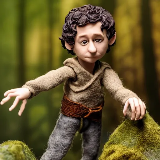 Image similar to high - res photograph of a claymation sculpture action figure cute frodo, highly detailed sculpey diorama, forest setting, waterfall backdrop, realistic materials, wood, felt, cloth, burlap, smooth, sharp foccus, commercial product photography,