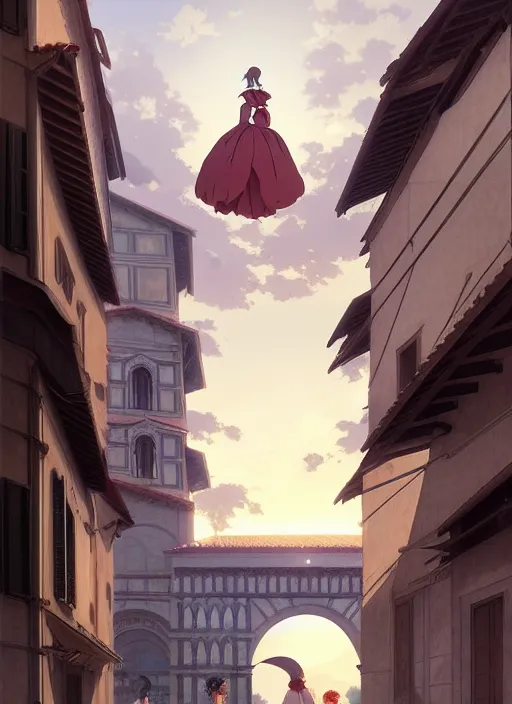 Prompt: florence italy in 1 8 2 0, an angle holds a nightingale bird on an outstretched hand, finely detailed perfect art, gapmoe yandere grimdark, trending on pixiv fanbox, painted by greg rutkowski makoto shinkai takashi takeuchi studio ghibli