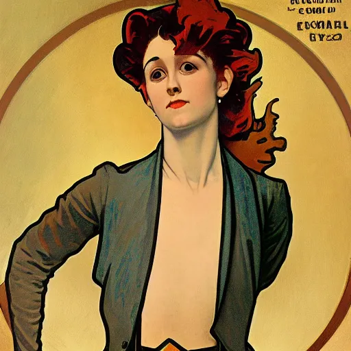 Prompt: portrait of a nonbinary actor with tanned skin and spiky short red hair wearing a men's suit, she has elf ears and gold eyes, by Alphonse Mucha and Grant Wood