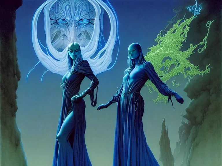 Prompt: the female arcanist and the male artificer by michael whelan and roger dean and brom and zdzisław beksinski and greg staples and donato giancola, beautiful, flowing magical robe, highly detailed, hyperrealistic, intricate, energy, electric, blue flame, low light, green crystal, high contrast, old and young, lifelike