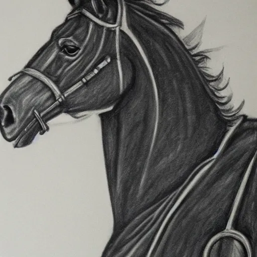Prompt: charcoal drawing of an armored horse