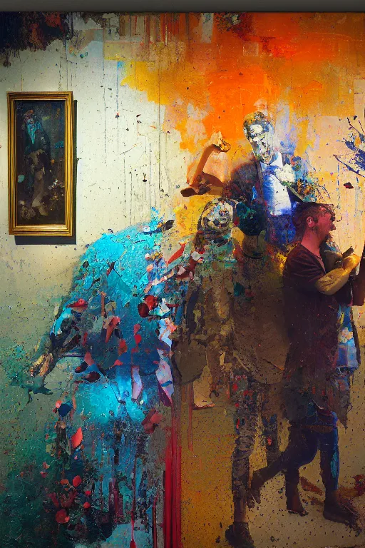 Image similar to a beautiful glitched painting by robert proch of people in front of a painting in a museum gallery, metal rust and plaster materials, pixel sorting, color bleeding, brushstrokes by jeremy mann, still life, dark colors