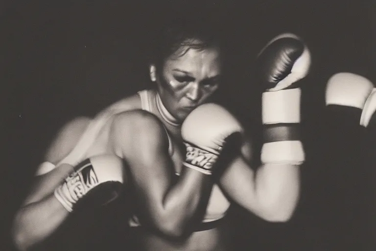 Prompt: close up portrait of women boxing moment of knock out with brews blood sweating, photography photojournalism, very grainy image, 50mm lens, close up portrait polaroid