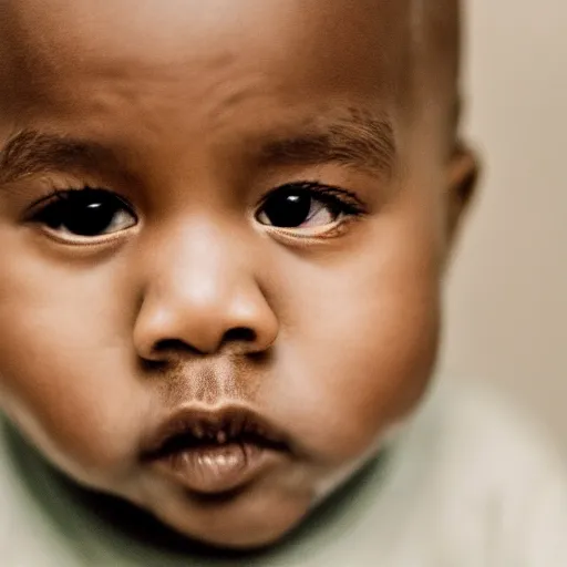 Image similar to the face of kanye west at 2 years old, portrait by julia cameron, chiaroscuro lighting, shallow depth of field, 8 0 mm, f 1. 8