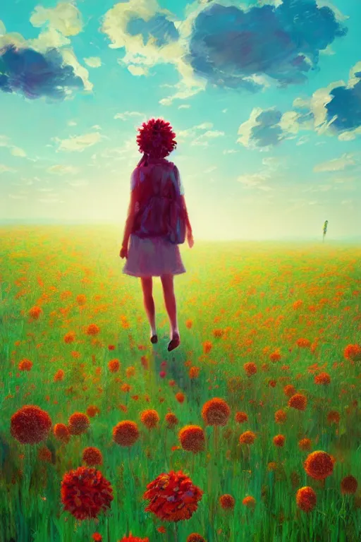 Image similar to giant flower head, girl walking in a flower field, surreal photography, sunrise, dramatic light, impressionist painting, colorful clouds, digital painting, artstation, simon stalenhag