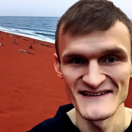 Image similar to vitalik buterin on a red beach taking a selfie