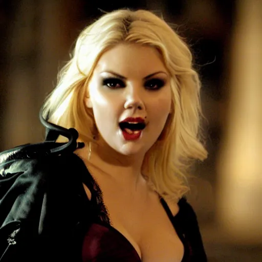 Image similar to elisha cuthbert as a vampire showing her fangs in a gloomy gothic cathedral at night