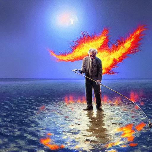 Image similar to UHD photorealistic Cosmic Zombie Alfred E. Newman fishing in a radioactive lake of fire, in the style of tonalism by Greg Rutkowski