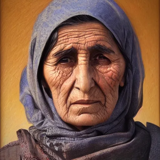 Image similar to portrait of a gentle and caring Kurdish grandmother, very detailed eyes, hyperrealistic, beautiful, very detailed painting by Glenn Fabry, trending on artstation, extremely high detail, incredibly intricate